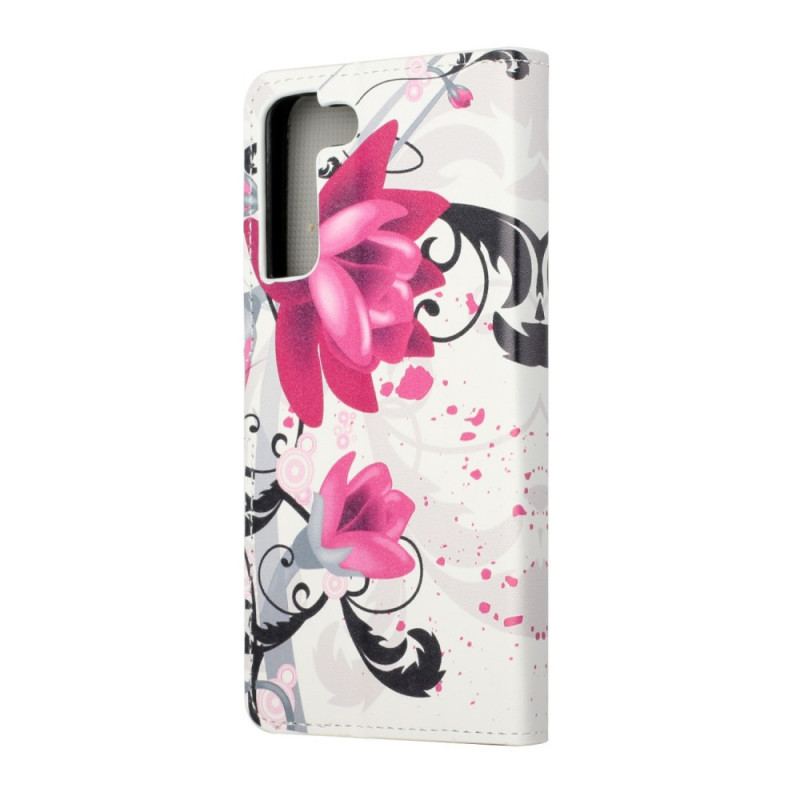 Capa Flip Para Samsung Galaxy S22 Plus 5G Flores Tropicais