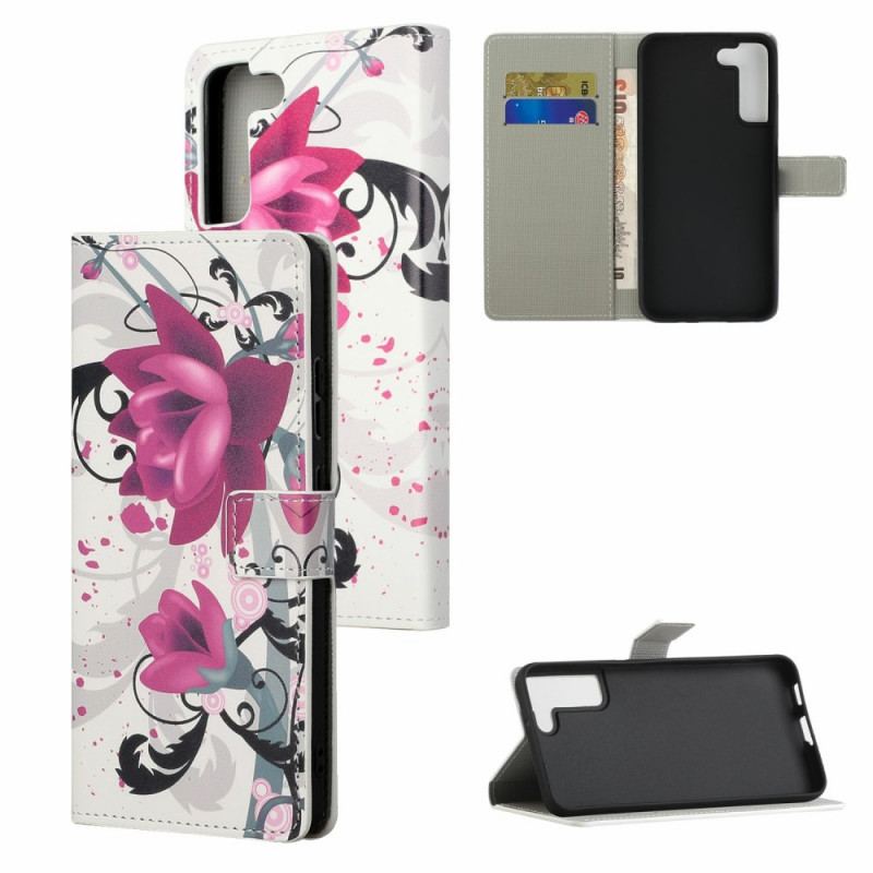 Capa Flip Para Samsung Galaxy S22 Plus 5G Flores Tropicais