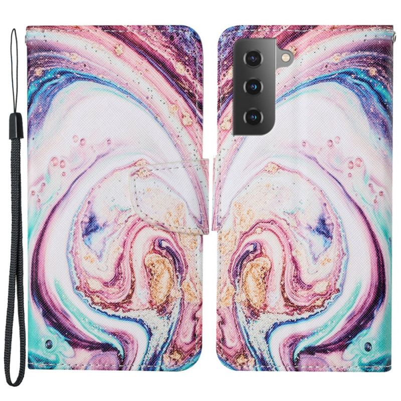 Capa Flip Para Samsung Galaxy S22 Plus 5G Mármore Com Cordão