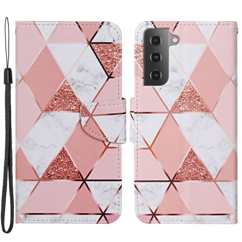 Capa Flip Para Samsung Galaxy S22 Plus 5G Mármore E Lantejoulas Com Alça