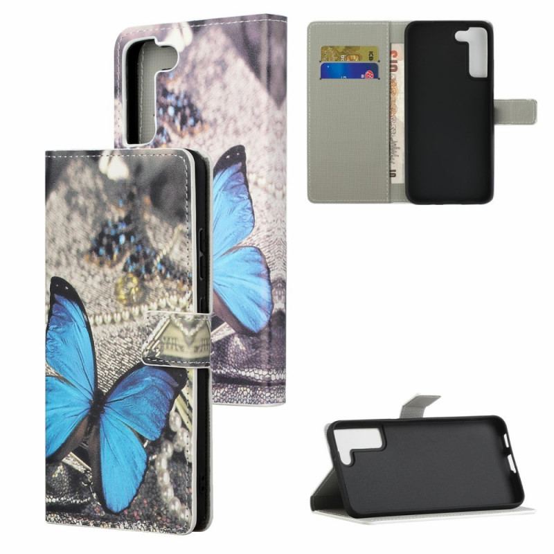 Capa Folio Para Samsung Galaxy S22 Plus 5G Borboleta Prestige Azul