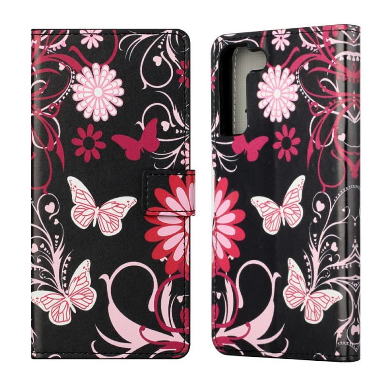 Capa Folio Para Samsung Galaxy S22 Plus 5G Borboletas E Flores