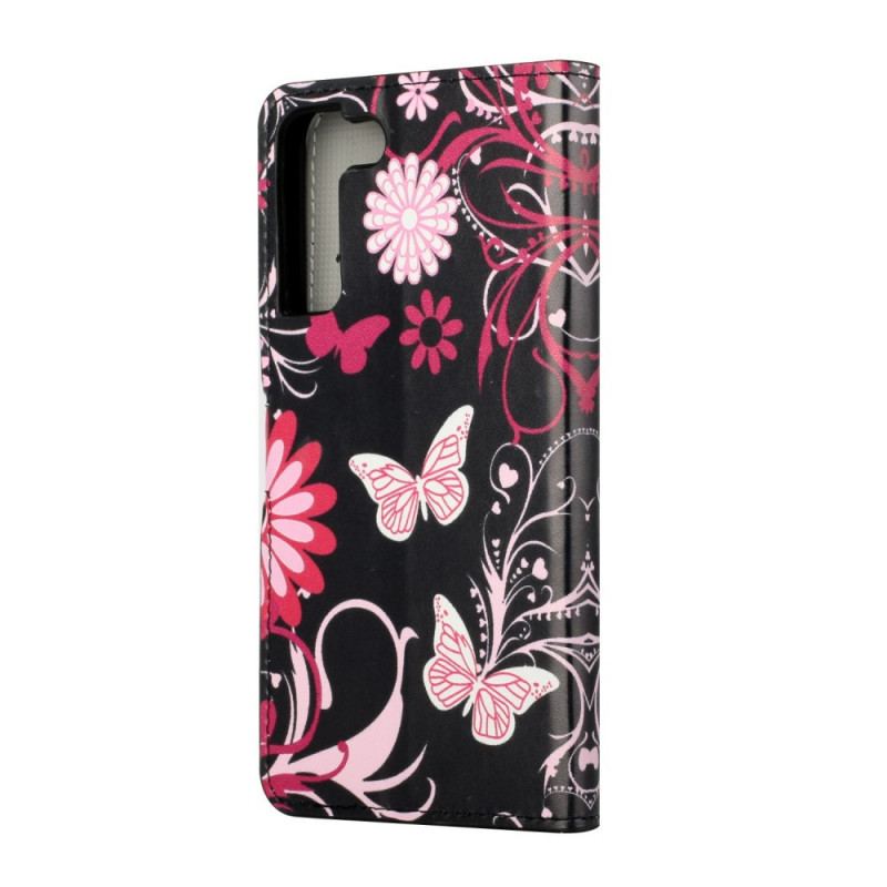 Capa Folio Para Samsung Galaxy S22 Plus 5G Borboletas E Flores