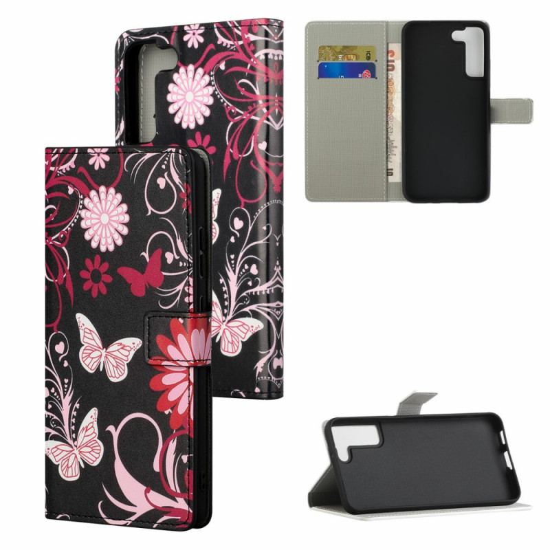 Capa Folio Para Samsung Galaxy S22 Plus 5G Borboletas E Flores