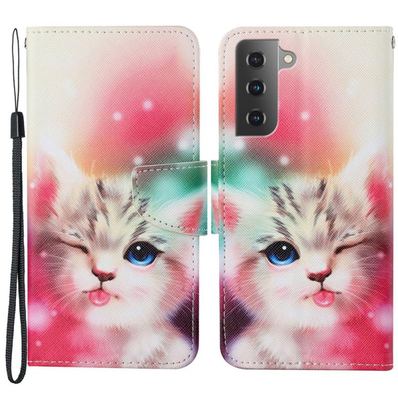 Capa Folio Para Samsung Galaxy S22 Plus 5G Gato Real Com Cordão