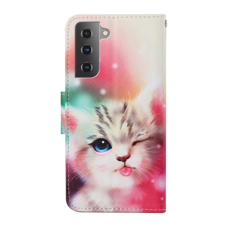 Capa Folio Para Samsung Galaxy S22 Plus 5G Gato Real Com Cordão