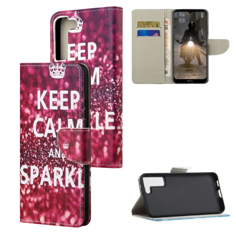 Capa Folio Para Samsung Galaxy S22 Plus 5G Mantenha A Calma E Brilhe