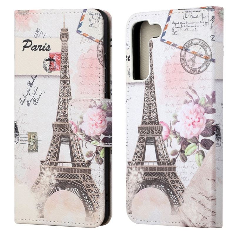 Capa Folio Para Samsung Galaxy S22 Plus 5G Torre Eiffel Retrô