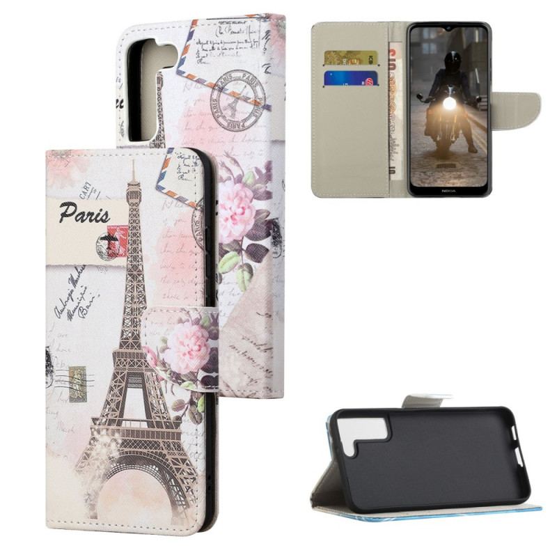 Capa Folio Para Samsung Galaxy S22 Plus 5G Torre Eiffel Retrô