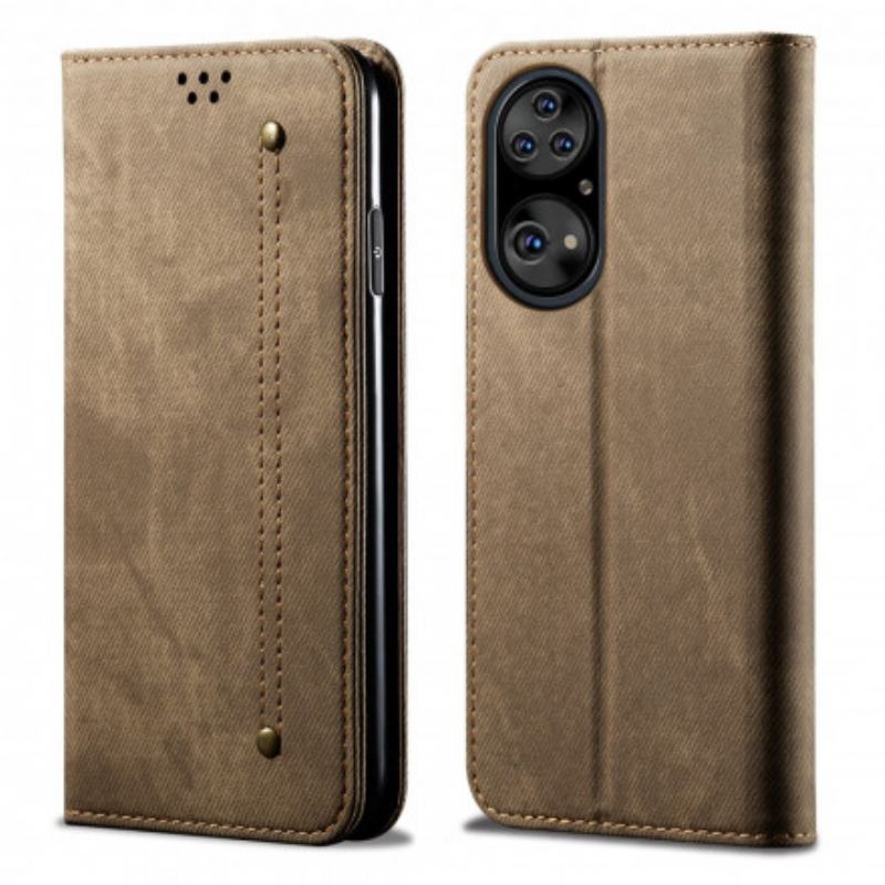 Capa De Celular Para Huawei P50 Pro Flip Textura De Jeans De Couro Sintético