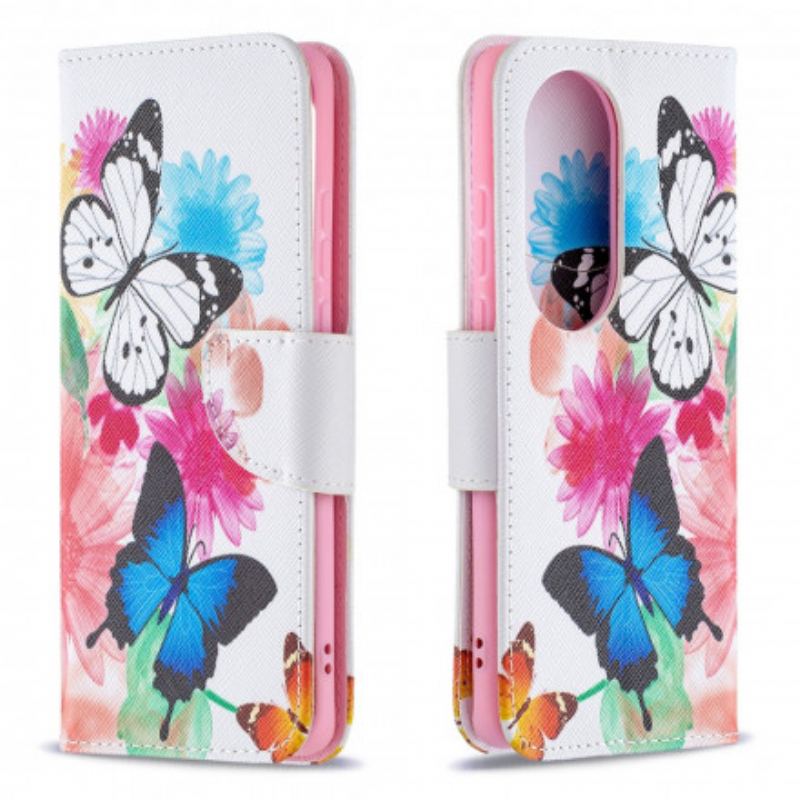 Capa De Couro Para Huawei P50 Pro Borboletas E Flores Pintadas