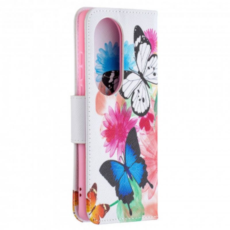 Capa De Couro Para Huawei P50 Pro Borboletas E Flores Pintadas