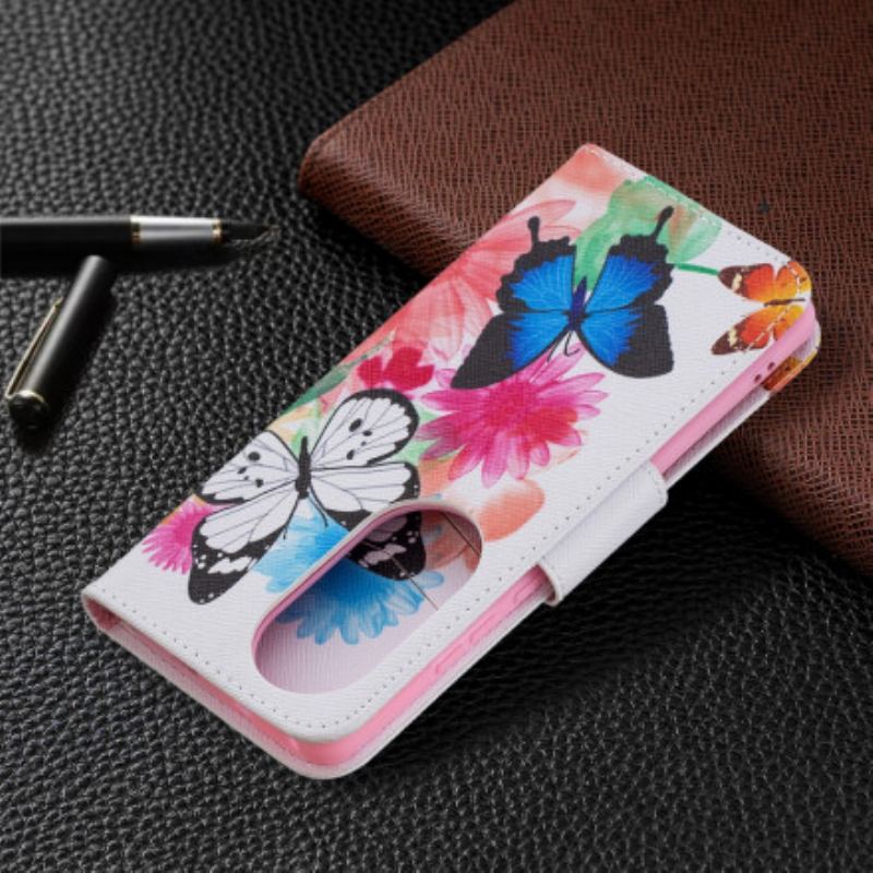 Capa De Couro Para Huawei P50 Pro Borboletas E Flores Pintadas