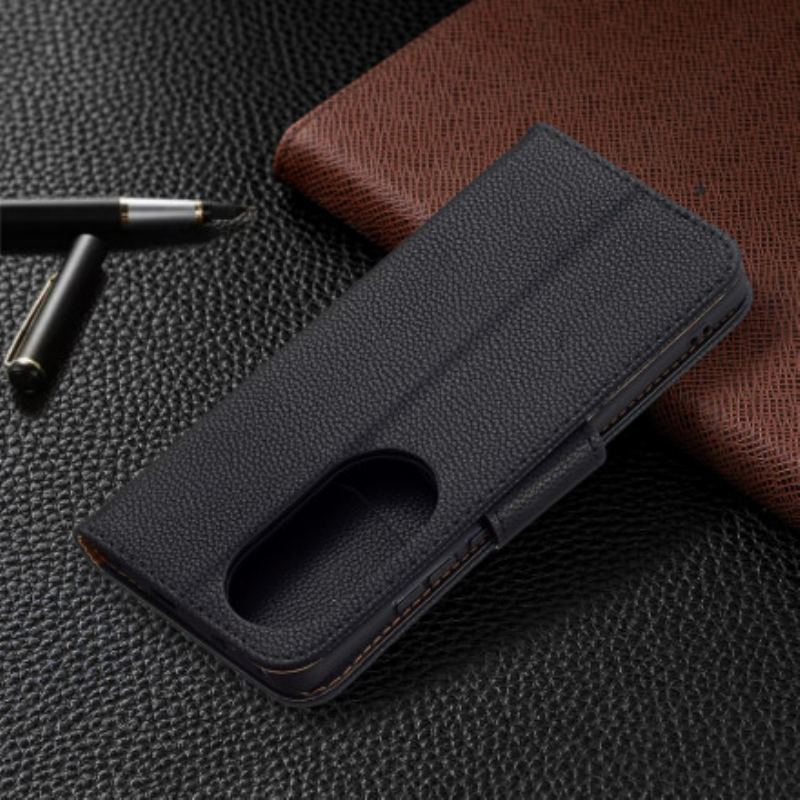 Capa Em Pele Para Huawei P50 Pro Flip Lichia Rabat Oblíqua