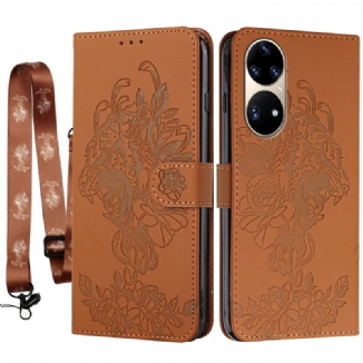 Capa Flip Para Huawei P50 Pro De Cordão Tigre Barroco Strappy