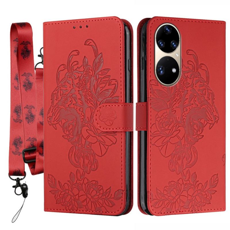 Capa Flip Para Huawei P50 Pro De Cordão Tigre Barroco Strappy