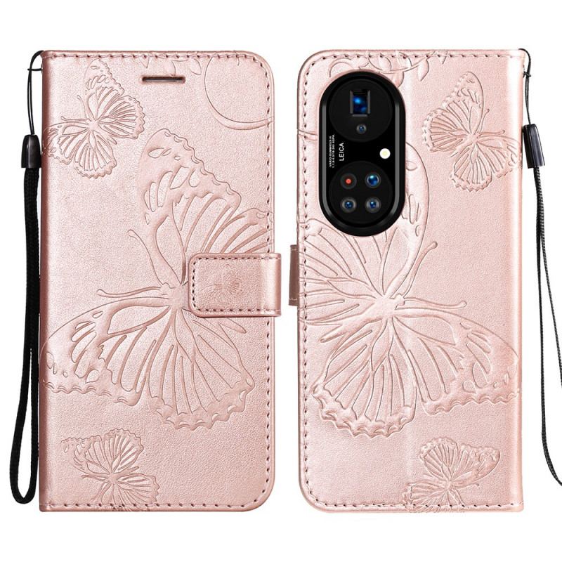 Capa Folio Para Huawei P50 Pro De Cordão Borboletas Gigantes