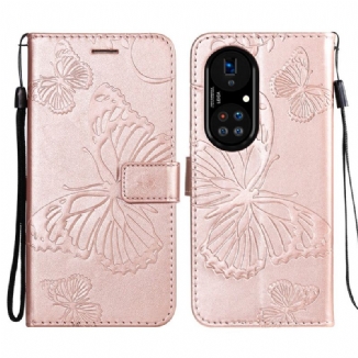 Capa Folio Para Huawei P50 Pro De Cordão Borboletas Gigantes