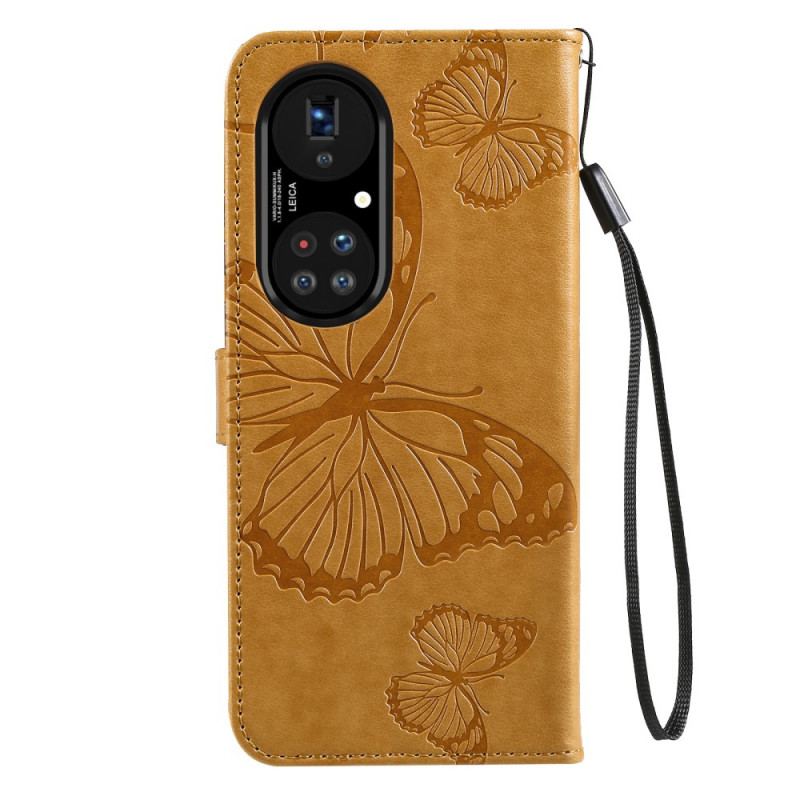 Capa Folio Para Huawei P50 Pro De Cordão Borboletas Gigantes