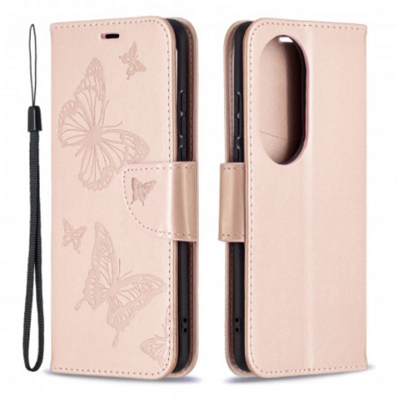 Capa Folio Para Huawei P50 Pro Flip Borboletas E Aba Oblíqua