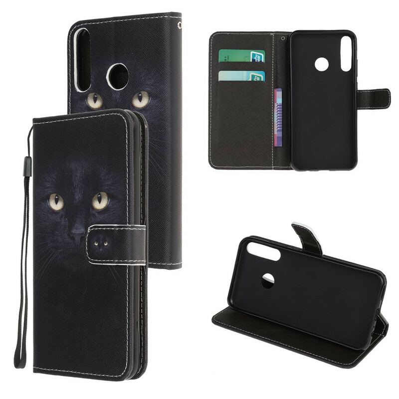 Capa De Couro Para Huawei P40 Lite E De Cordão Olhos De Gato Preto Com Tiras