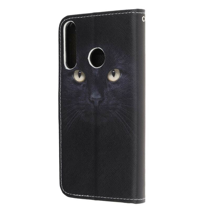 Capa De Couro Para Huawei P40 Lite E De Cordão Olhos De Gato Preto Com Tiras