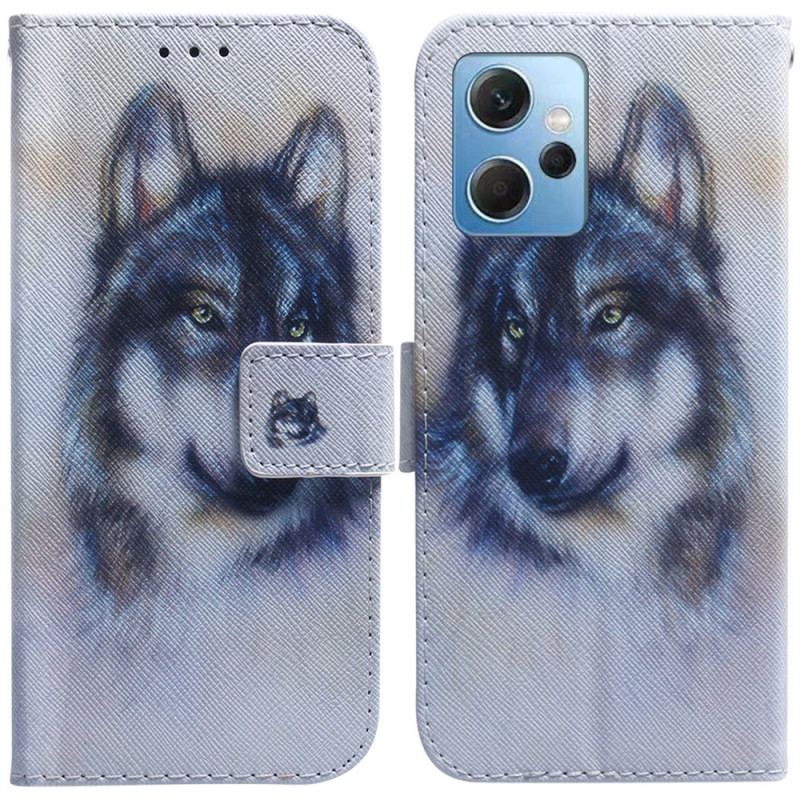 Capa De Couro Para Xiaomi Redmi Note 12 4G Aquarela Lobo