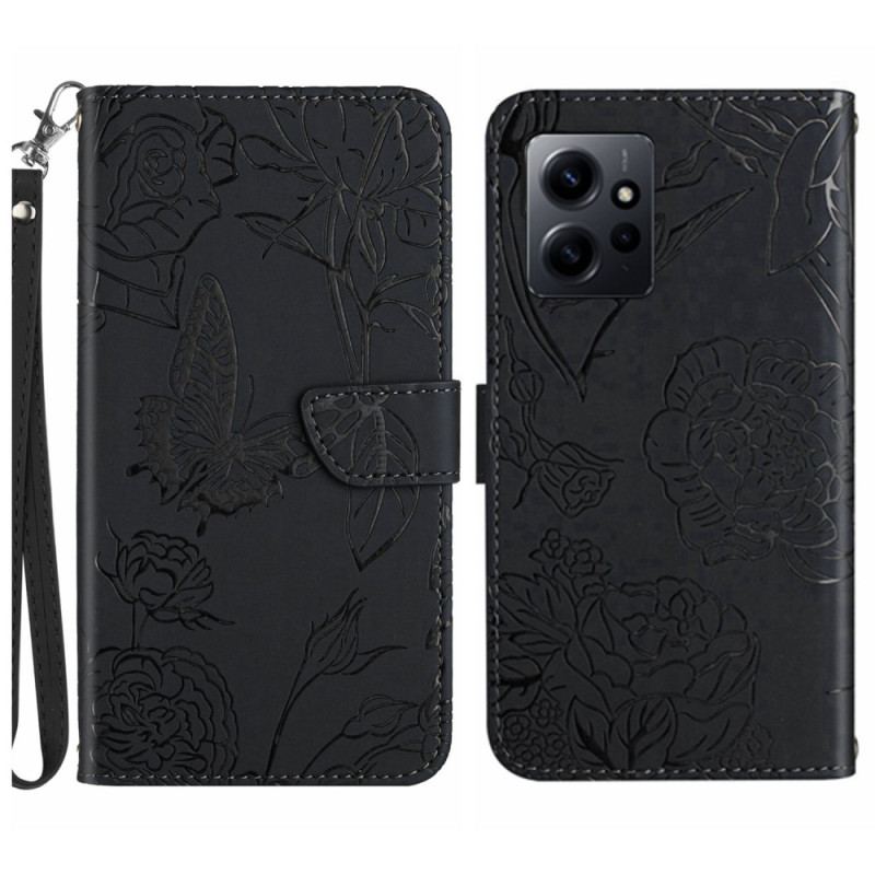 Capa De Couro Para Xiaomi Redmi Note 12 4G Borboletas E Cordão