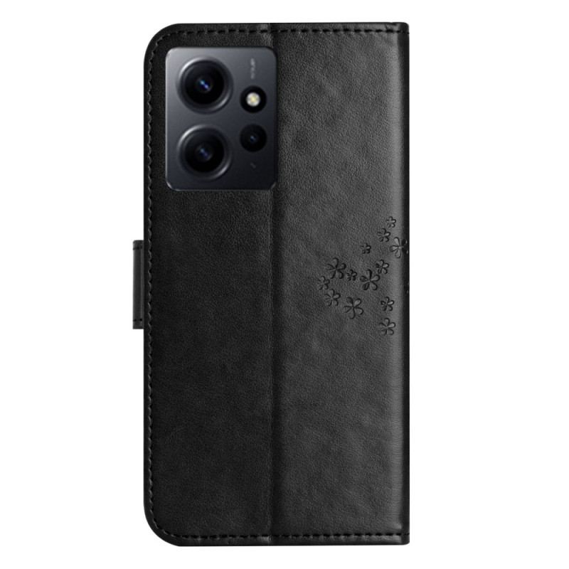 Capa De Couro Para Xiaomi Redmi Note 12 4G De Cordão Árvore E Gato Strappy