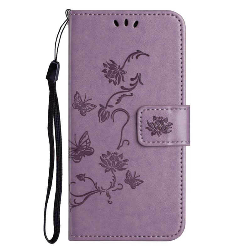 Capa De Couro Para Xiaomi Redmi Note 12 4G De Cordão Flores E Borboletas Com Alça