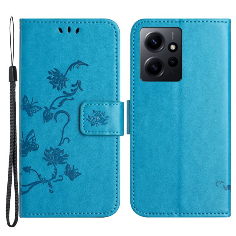 Capa De Couro Para Xiaomi Redmi Note 12 4G De Cordão Flores E Borboletas Com Alça