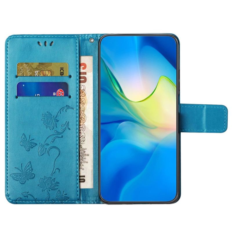 Capa De Couro Para Xiaomi Redmi Note 12 4G De Cordão Flores E Borboletas Com Alça