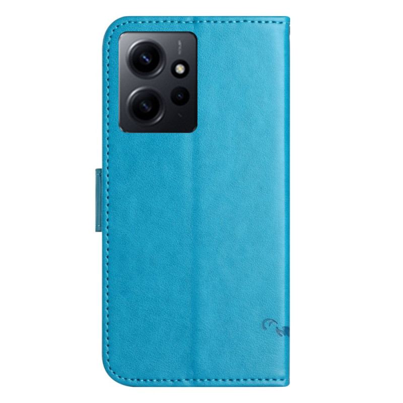 Capa De Couro Para Xiaomi Redmi Note 12 4G De Cordão Flores E Borboletas Com Alça