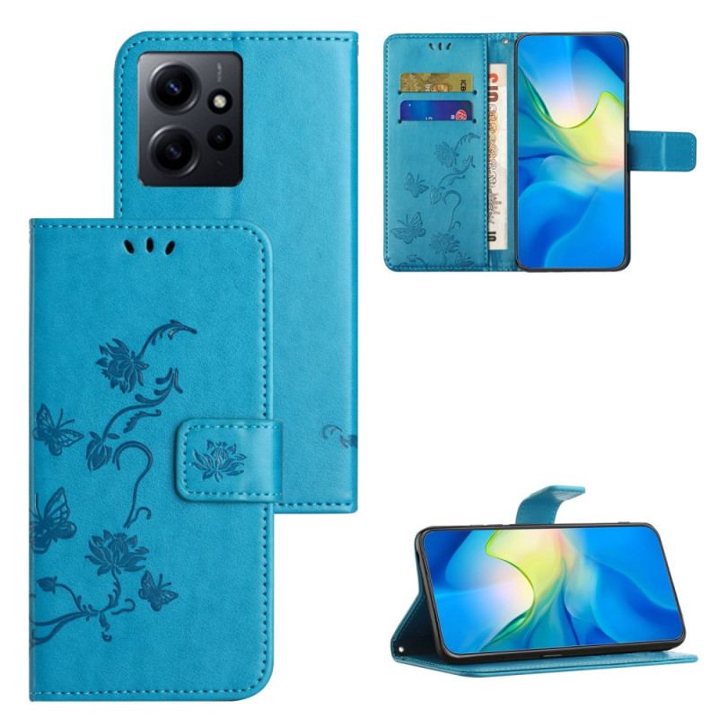 Capa De Couro Para Xiaomi Redmi Note 12 4G De Cordão Flores E Borboletas Com Alça