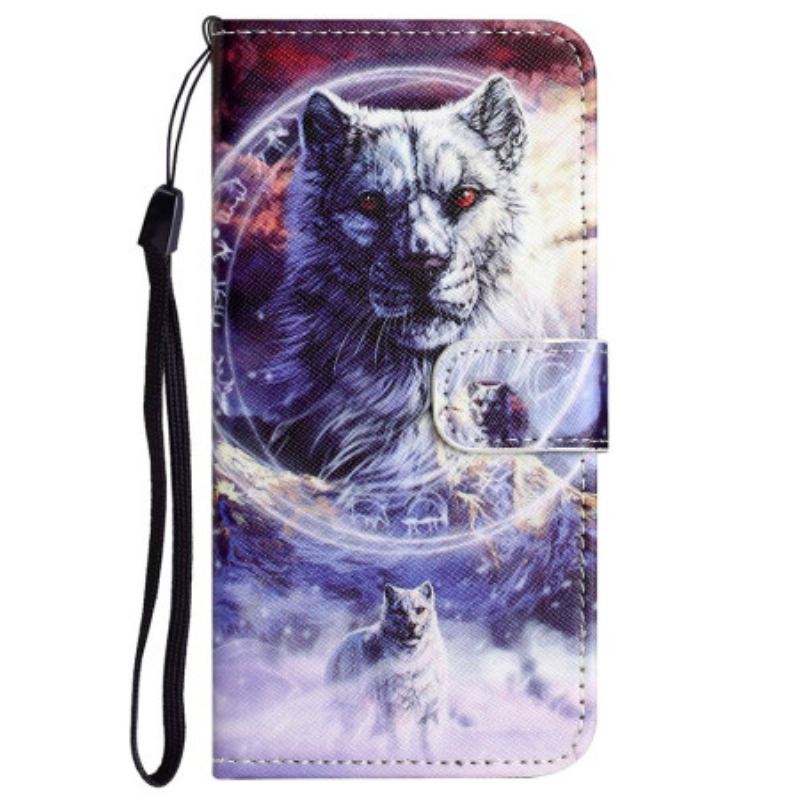 Capa De Couro Para Xiaomi Redmi Note 12 4G De Cordão Lobo Da Neve Strappy