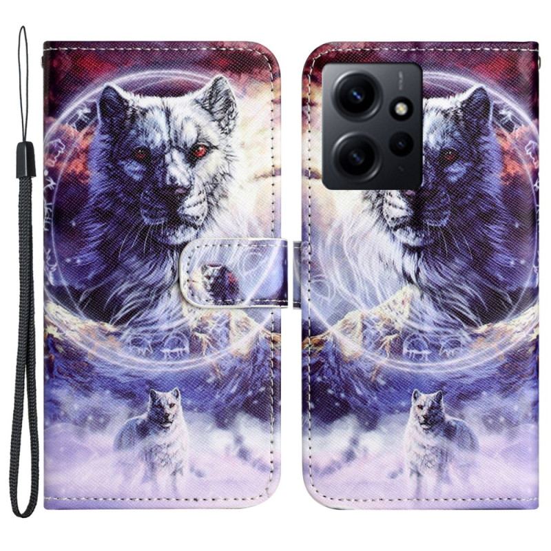 Capa De Couro Para Xiaomi Redmi Note 12 4G De Cordão Lobo Da Neve Strappy