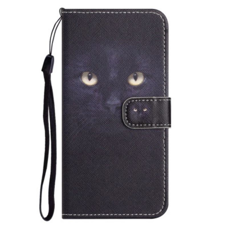 Capa De Couro Para Xiaomi Redmi Note 12 4G Gato De Olhos Verdes Com Cordão