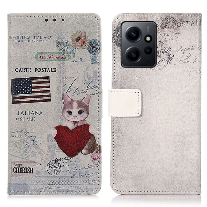 Capa De Couro Para Xiaomi Redmi Note 12 4G Gato Viajante