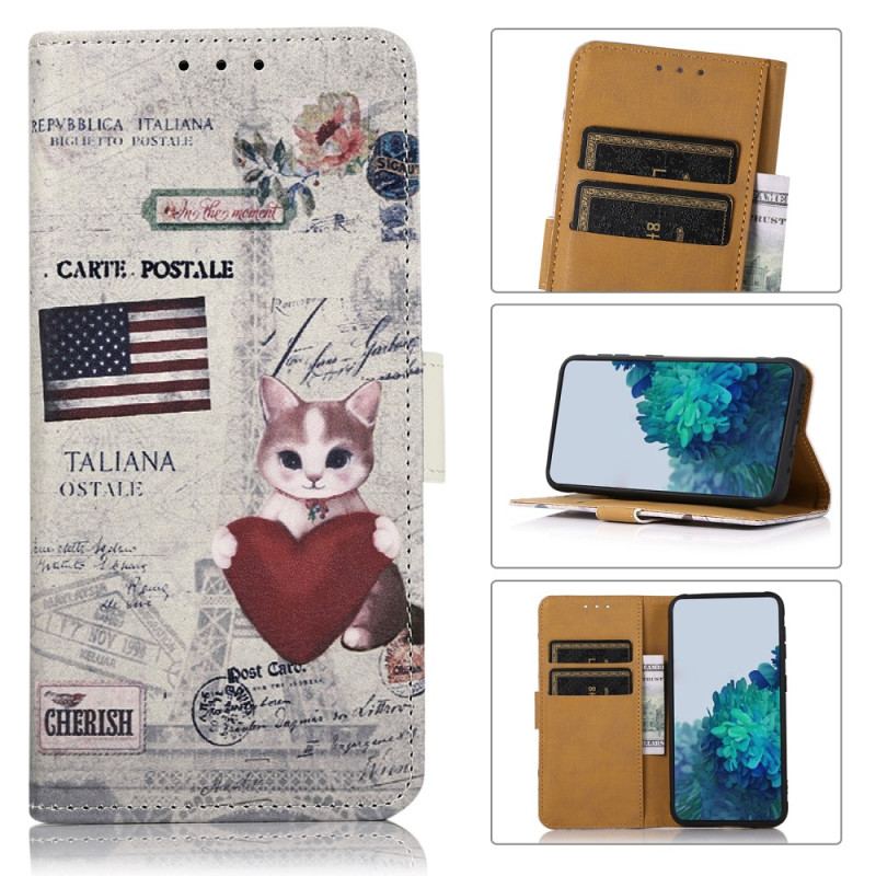 Capa De Couro Para Xiaomi Redmi Note 12 4G Gato Viajante