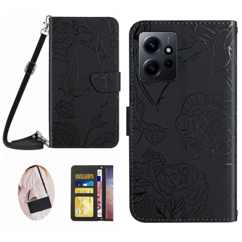 Capa Flip Para Xiaomi Redmi Note 12 4G Borboletas E Alça De Ombro