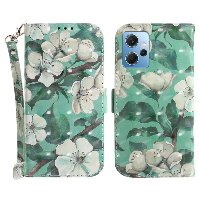 Capa Flip Para Xiaomi Redmi Note 12 4G De Cordão Flores Brancas Com Tiras