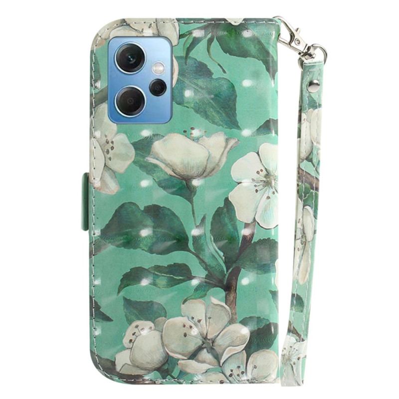 Capa Flip Para Xiaomi Redmi Note 12 4G De Cordão Flores Brancas Com Tiras