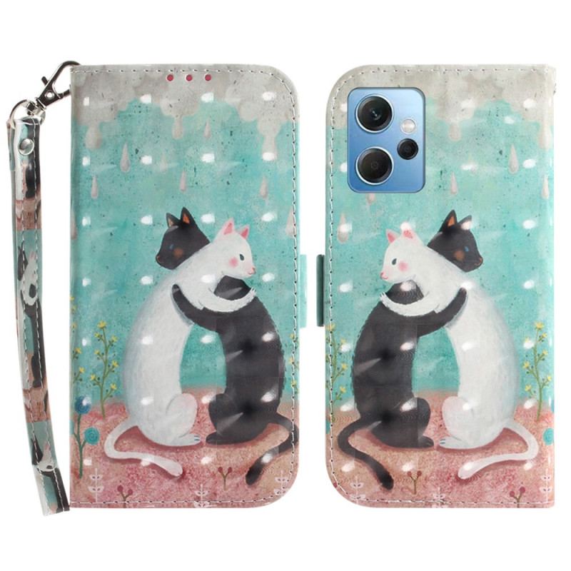 Capa Flip Para Xiaomi Redmi Note 12 4G De Cordão Gato Branco Gato Preto Com Alça