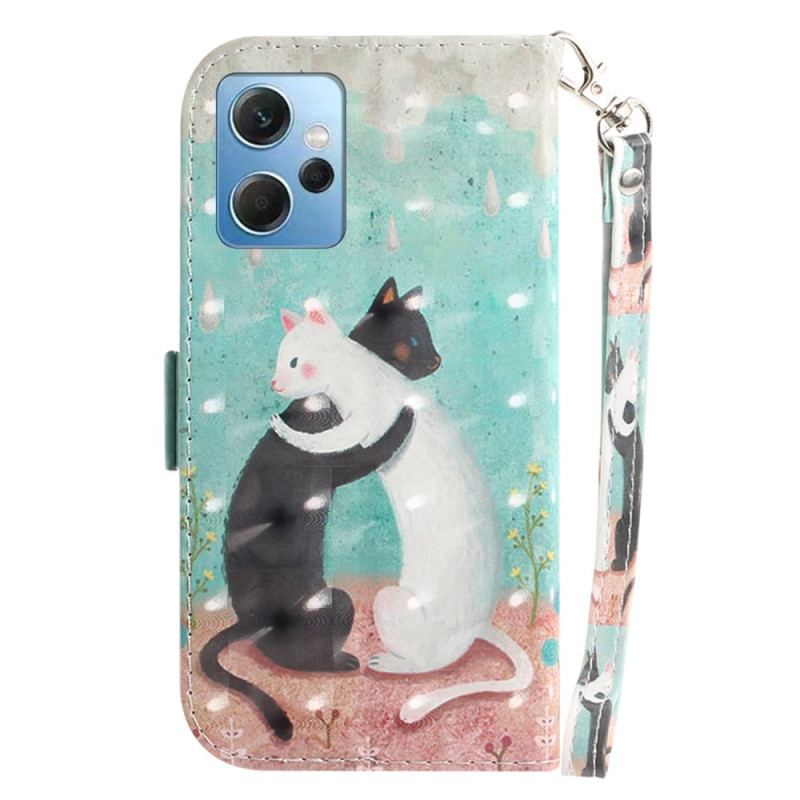 Capa Flip Para Xiaomi Redmi Note 12 4G De Cordão Gato Branco Gato Preto Com Alça