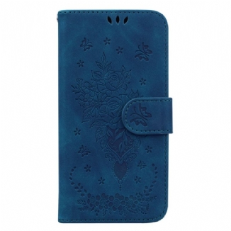 Capa Folio Para Xiaomi Redmi Note 12 4G De Cordão Strappy Rosas E Borboletas