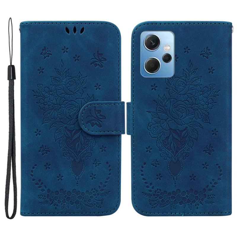 Capa Folio Para Xiaomi Redmi Note 12 4G De Cordão Strappy Rosas E Borboletas