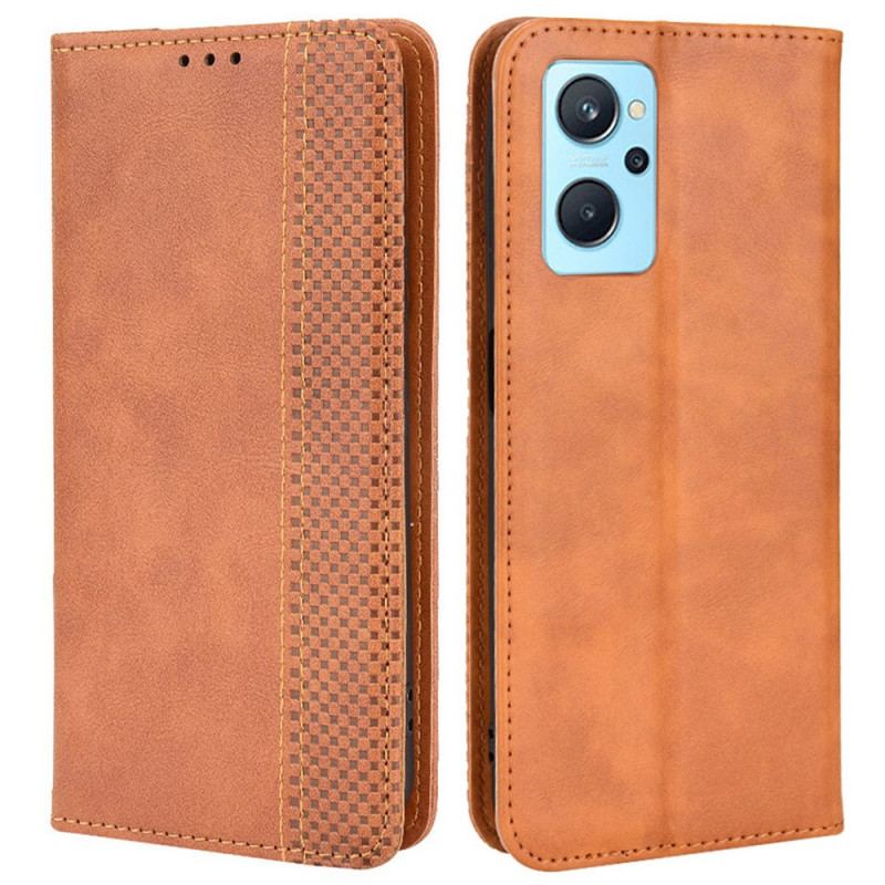 Capa De Celular Para Realme 9i Flip Efeito Couro Vintage Estilizado