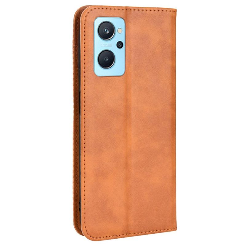 Capa De Celular Para Realme 9i Flip Efeito Couro Vintage Estilizado