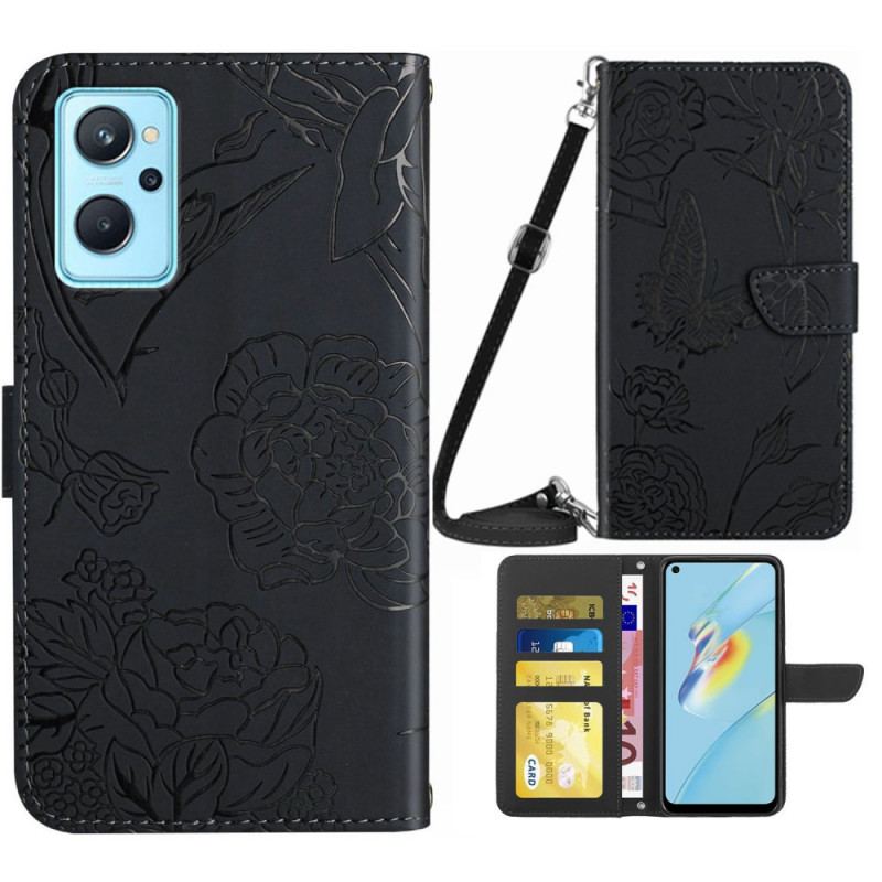 Capa De Couro Para Realme 9i Alça De Ombro Com Estampa Floral