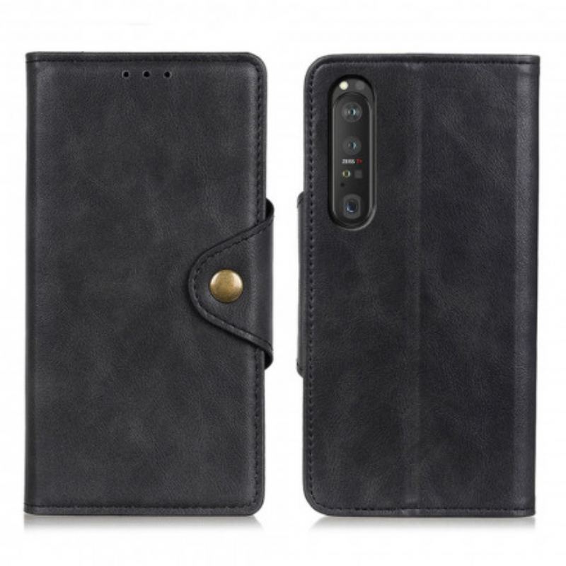 Capa Flip Para Sony Xperia 1 III Botão Vintage De Couro Falso